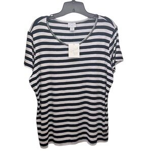 Vtg Jacklyn Smith Striped Top XL Soft Black and White‎ Beaded Neck Casual Comfy